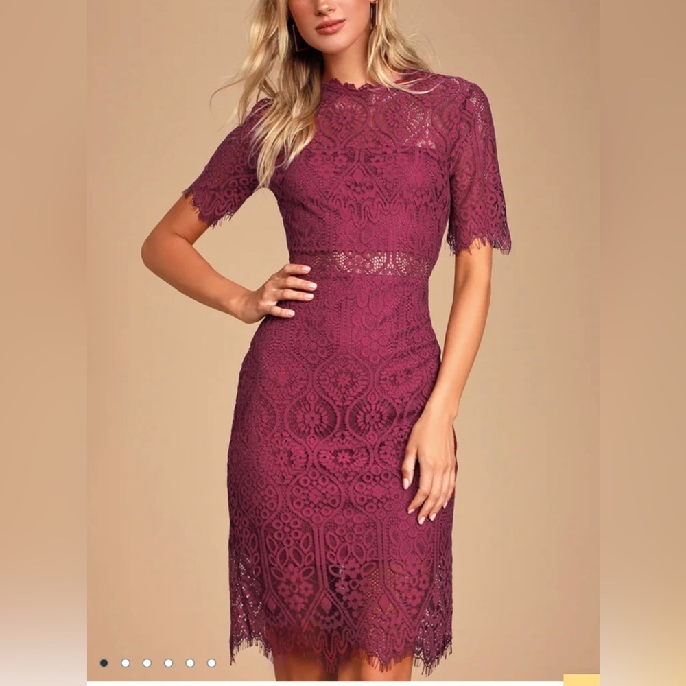 Lulu’s Remarkable Burgundy Lace Sheath Dress. Size XS